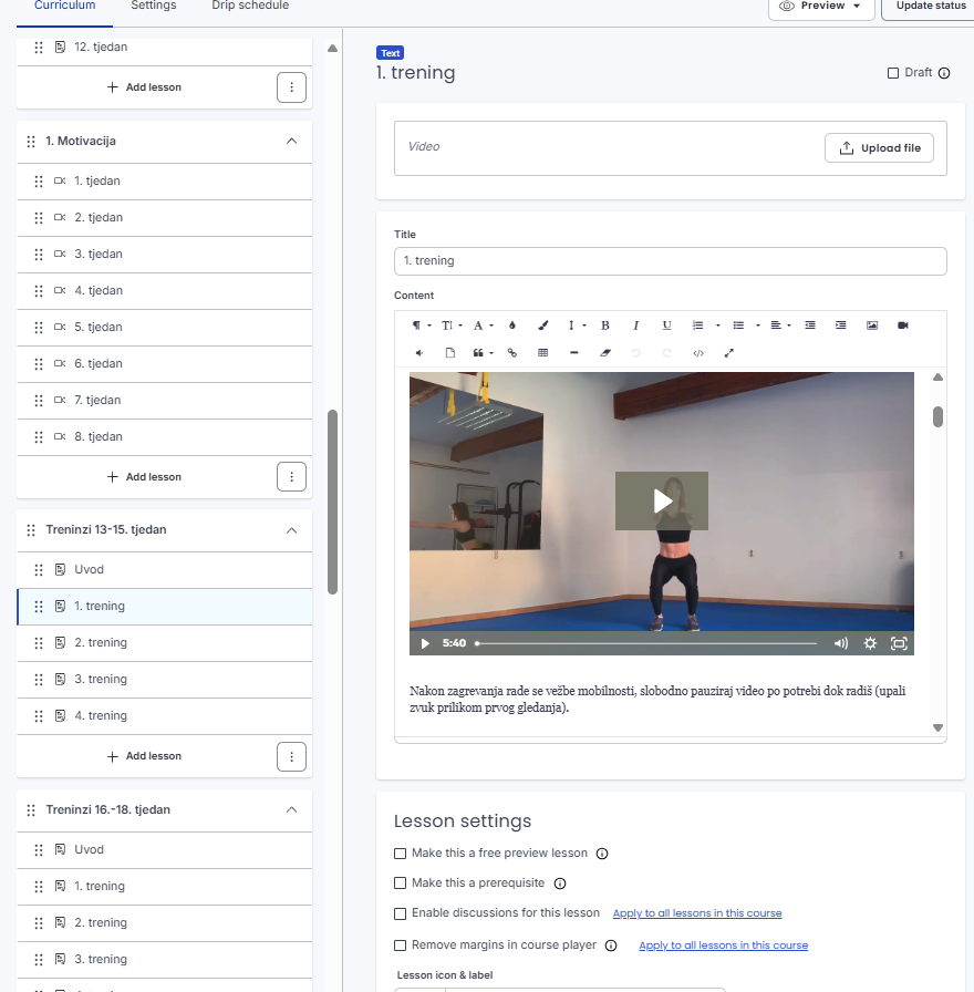 Video treninzi na platformi
